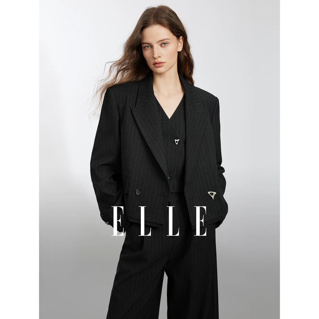 ELLE法式高级感短款条纹西装外套女2025春新款通勤风时髦EX50835