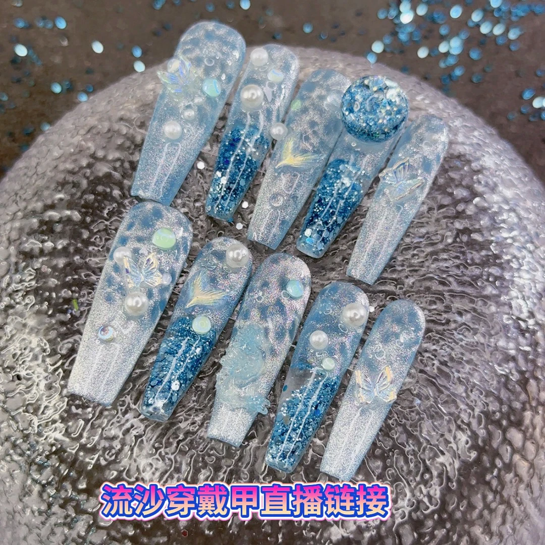 长水滴穿戴甲流沙穿戴甲重工纯手工穿戴甲满钻晕染轻奢爆闪春秋季