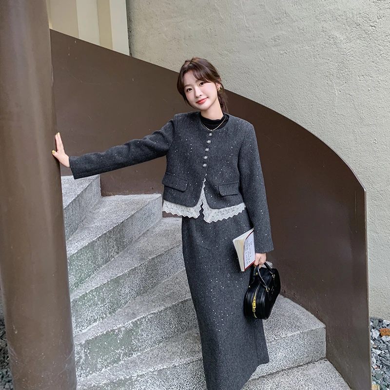蕾丝拼接灰色小香风套装裙女秋季2025新款气质高级感半身裙两件套