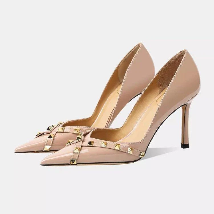 铆钉高跟鞋女秋冬季2024年新款法式v口漆皮尖头细跟柳丁性感单鞋