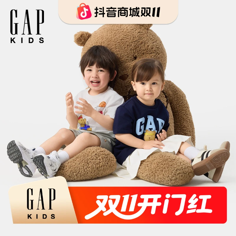 Gap男女幼童2025夏新款纯棉小熊印花logo针织短袖休闲宝宝766473