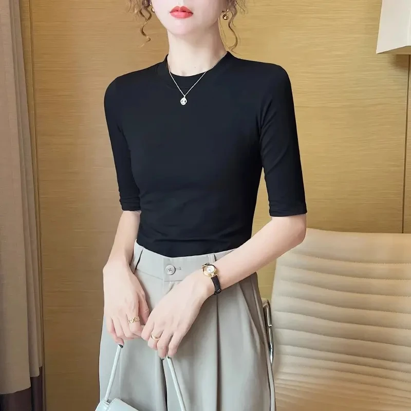 拉夏贝尔黑色圆领中袖打底恤女春秋季2025新款薄极简复古T恤