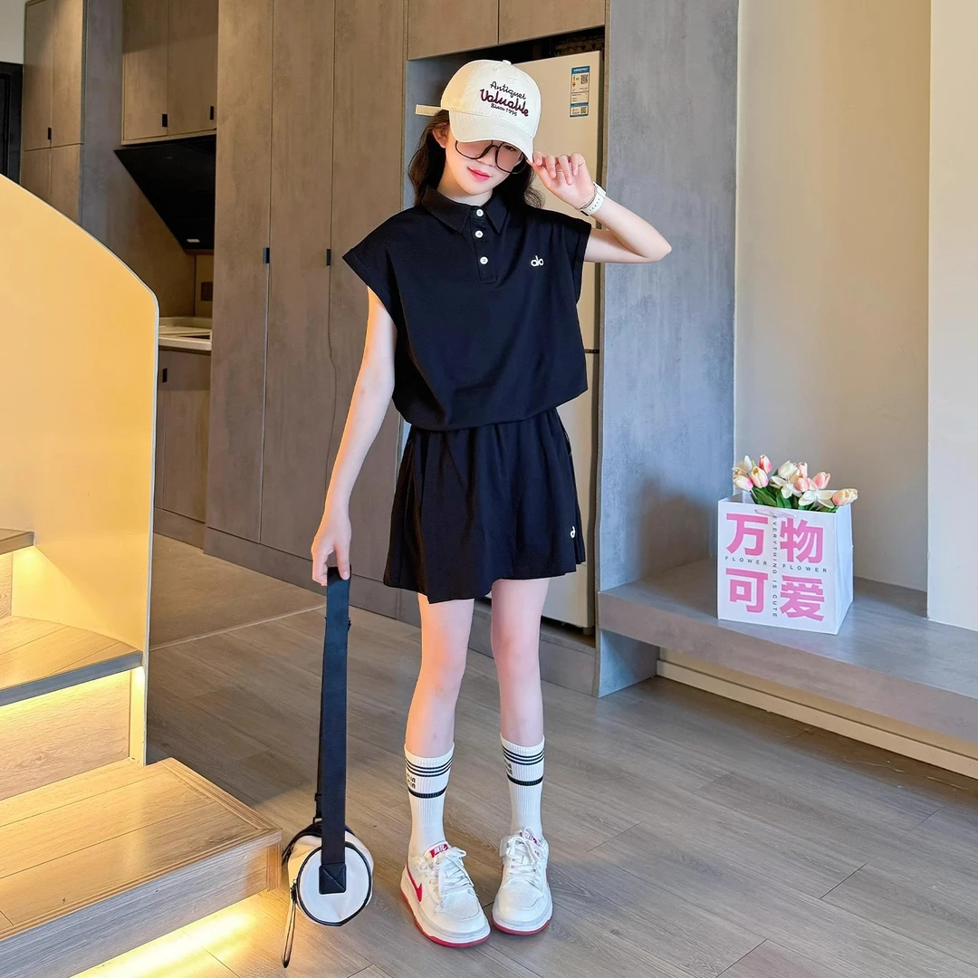 女童运动套装黑色2025夏季新款儿童背心短裙两件套洋气夏装超好看