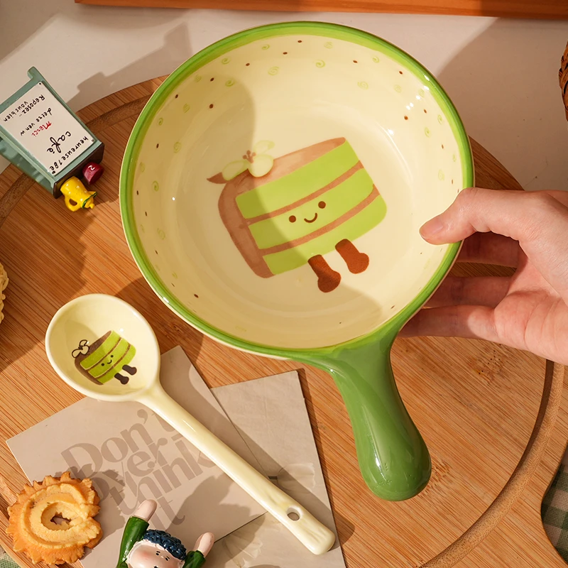 【茶语甜心】手柄碗+勺油风手把碗少女心汤碗勺陶瓷餐具家用釉下彩