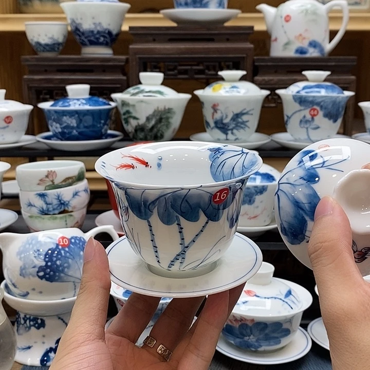 手绘内外绘荷花盖碗160高温瓷釉下彩微瑕福利款