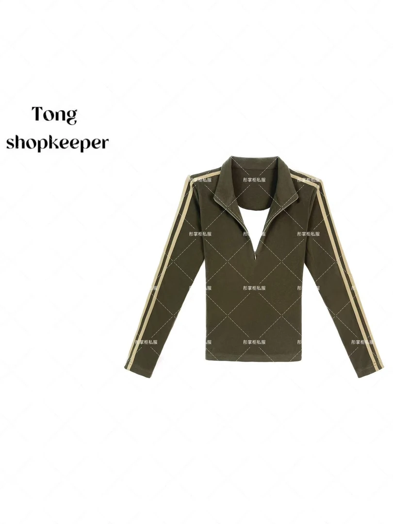 QJ/彤掌柜1682449 早秋2025假两件立领羊毛天丝条纹拼接酷帅上衣