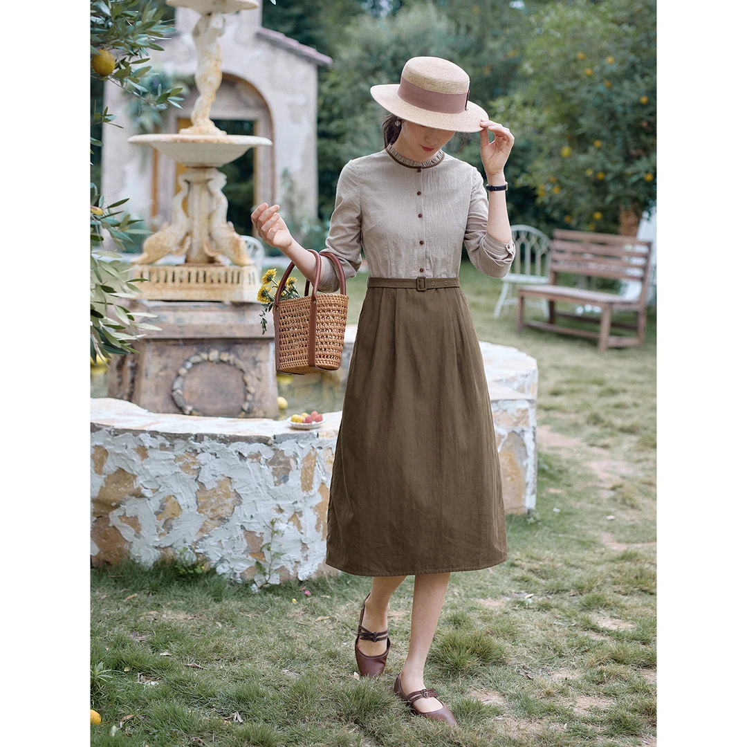 红念文艺拼接衬衫连衣裙女长袖设计感秋季2025年新款女装气质裙子