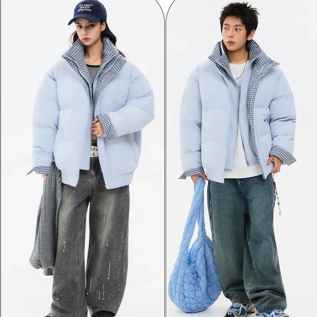 秋冬情侣冲锋外套防风加厚保暖宽松连帽男女同款棉衣假两件
