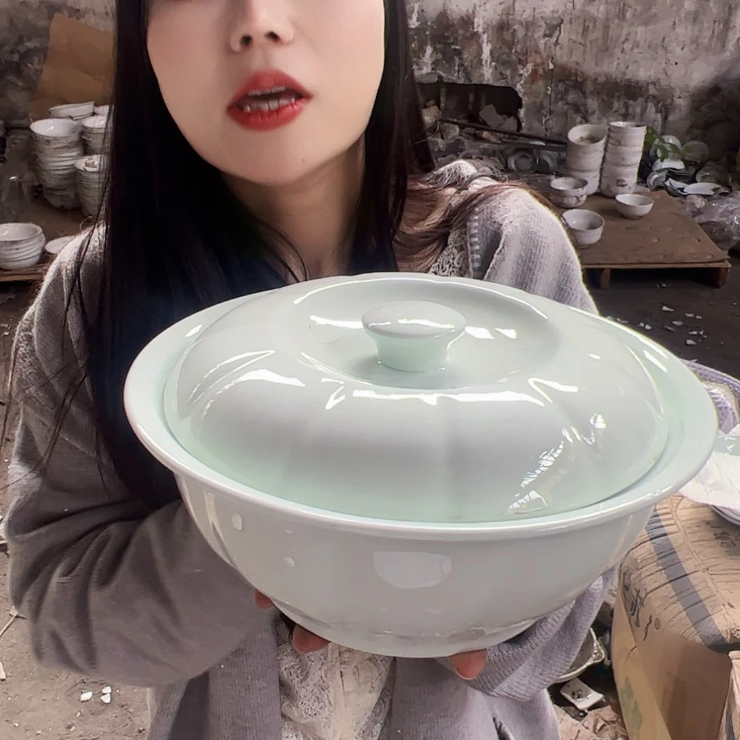 摆件景德镇影青带盖大汤锅