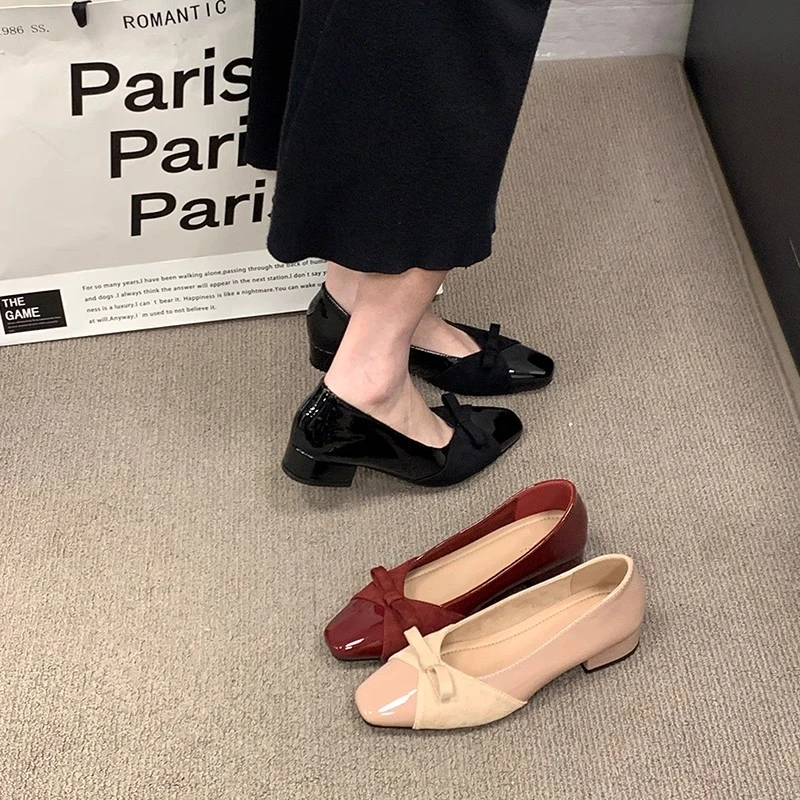 法式温柔蝴蝶结拼接中跟方头单鞋女通勤气质新款