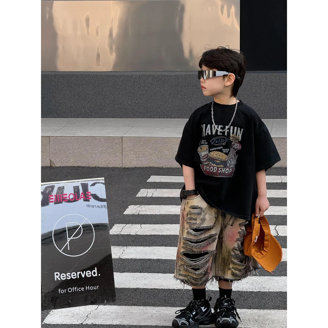 儿童短袖2025夏季新款男童美式做旧印花半袖T恤大童宽松百搭上衣t