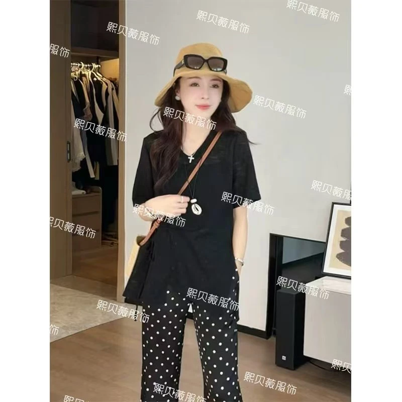 熙贝薇6 【纸片人T】欧货鸡心领不规则绑带侧开叉短袖T恤 G5027