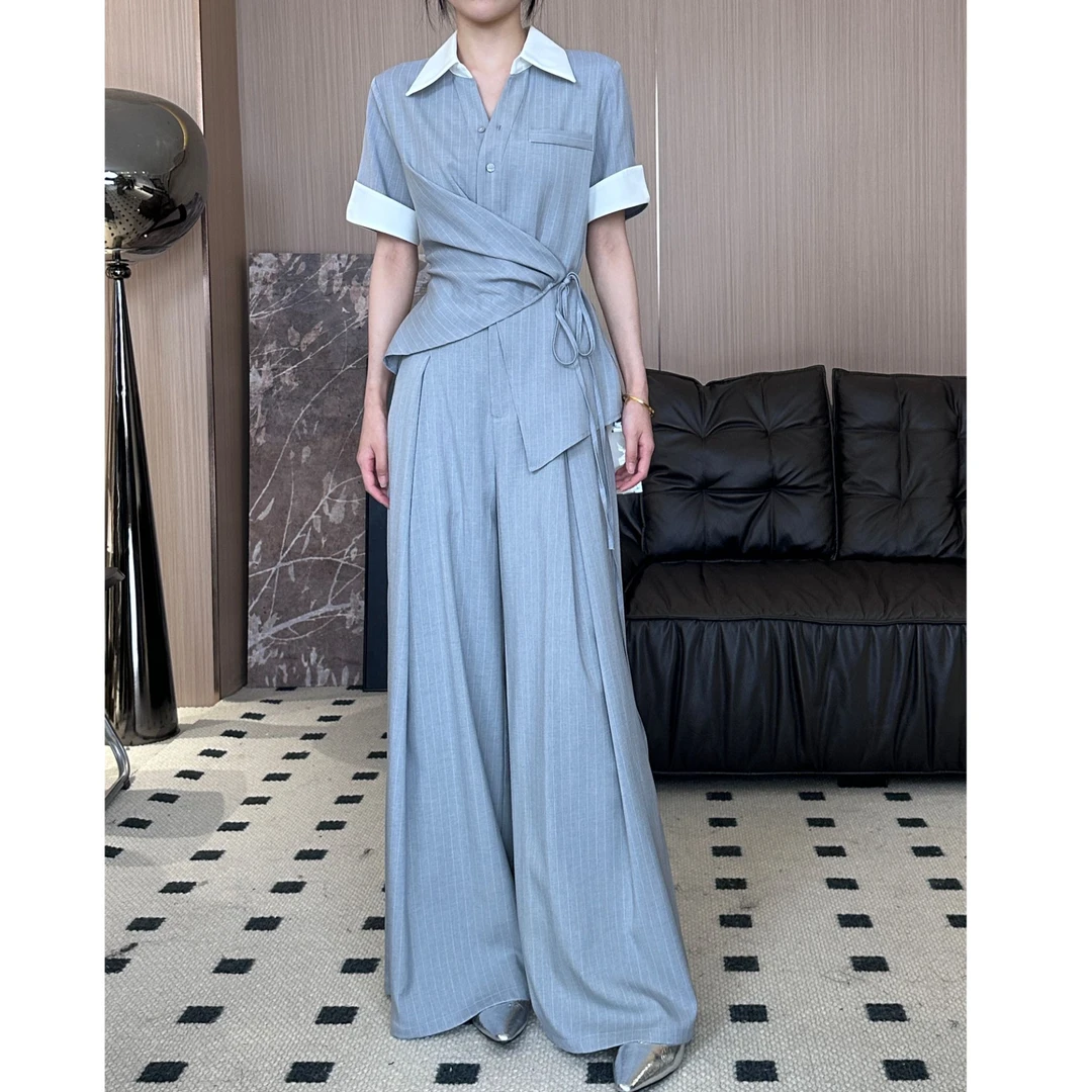 「思思」深蓝条纹商务休闲套装简约高腰显瘦SHBZW651769