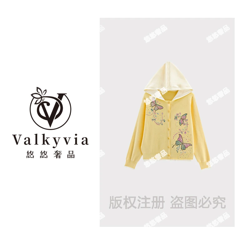 【Valkyvia/悠悠奢品】烫钻蝴蝶时尚开衫连帽毛衣MY9177