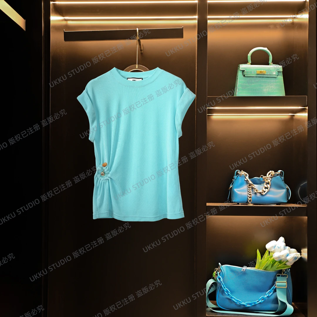 【UKKUSTUDIO】时尚设计师款女夏季圆领收腰蓝色上衣312312