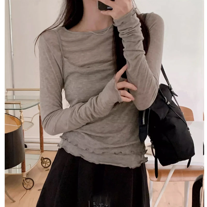 莱赛尔天丝长袖T恤女夏秋季2025新款吊带拼接假两件白色薄款上衣