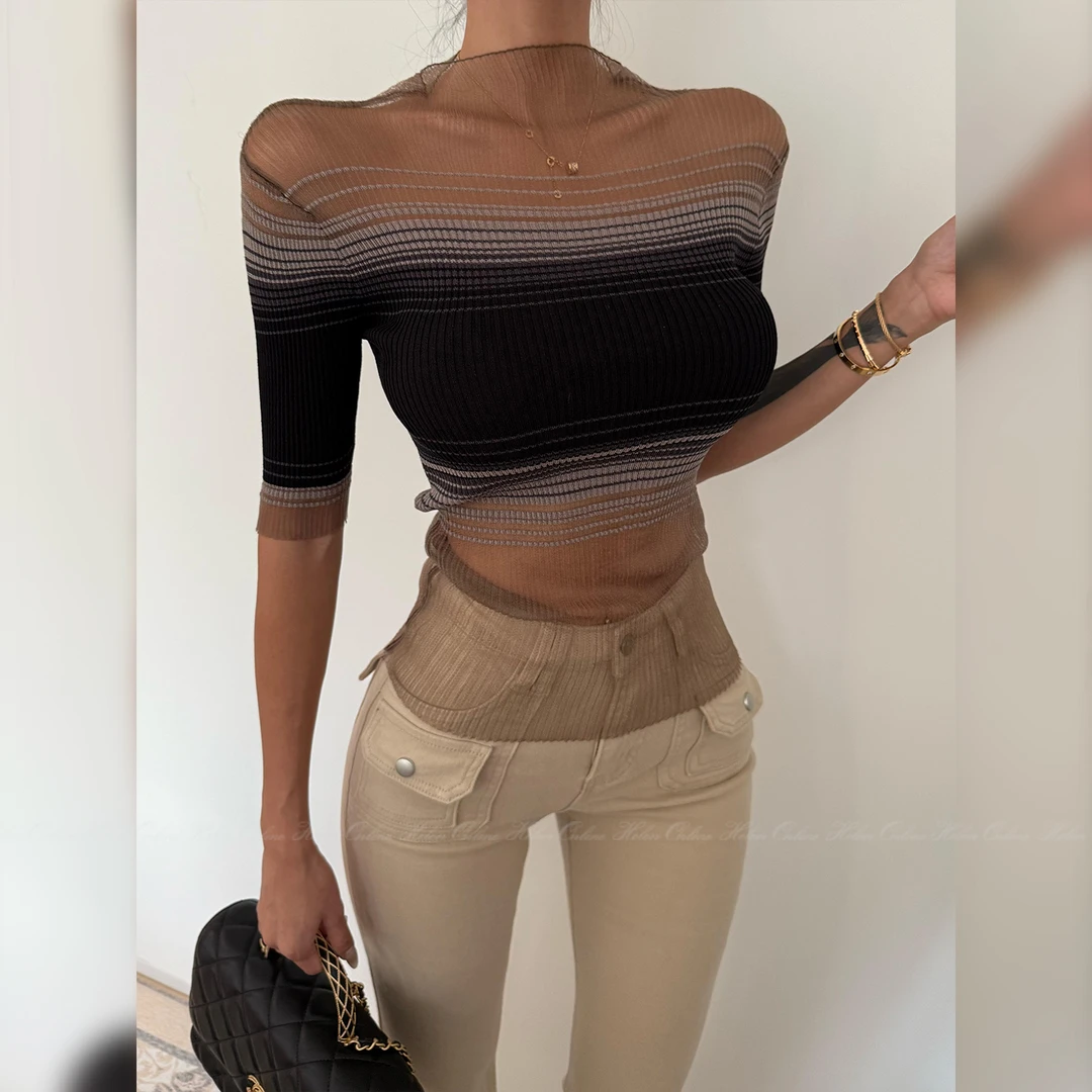 HELEN“比弗利新贵”高智感纸片人T恤微透中袖半高领网纱上衣S923