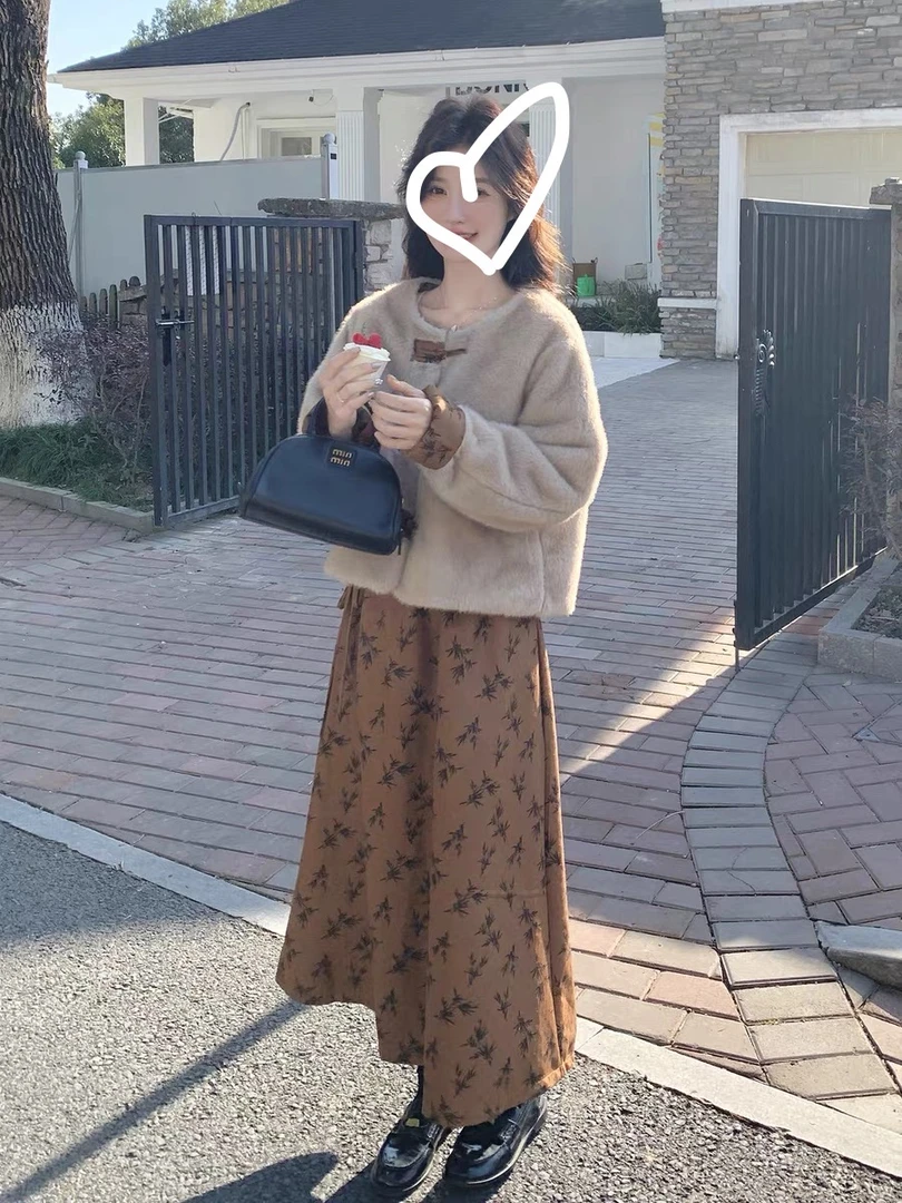 大码超好看毛毛外套碎花套装裙女2025秋冬ootd轻熟风加厚两件套潮