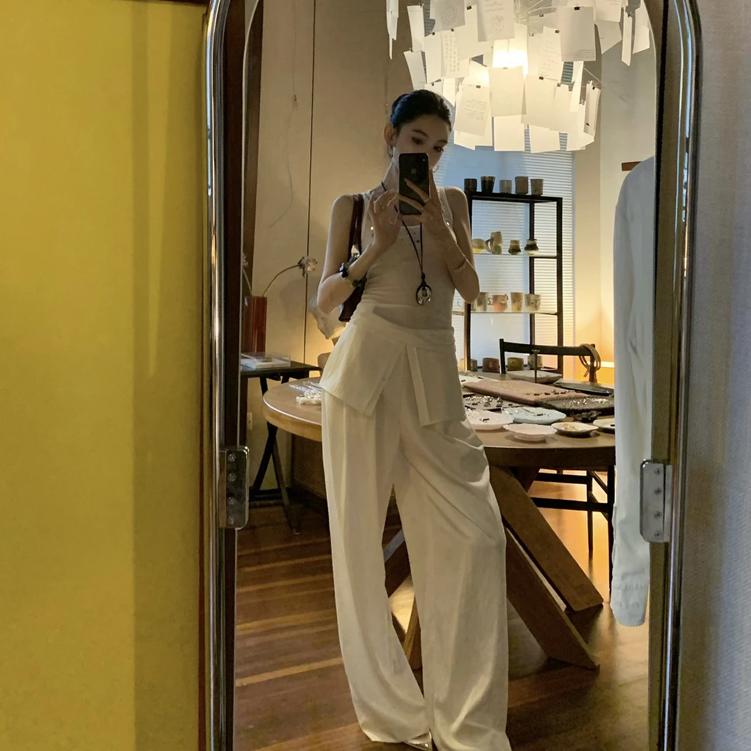 FBB limit 白色休闲裤开衩裙摆装饰片假两件屁帘阔腿长裤D252427G