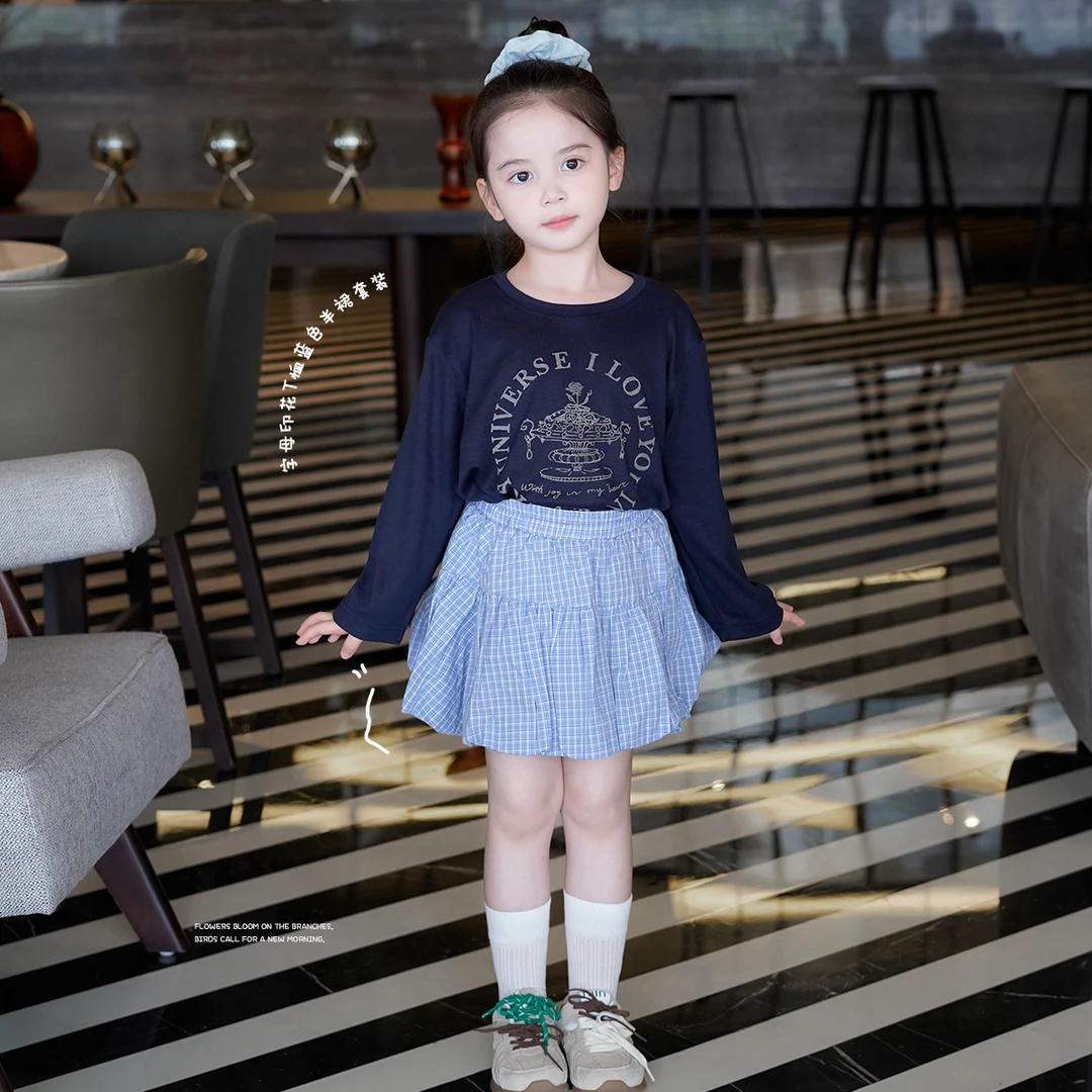 AnnieGirl秋季新款女童优质棉甜美舒适韩版印花格子裙裤套装2025