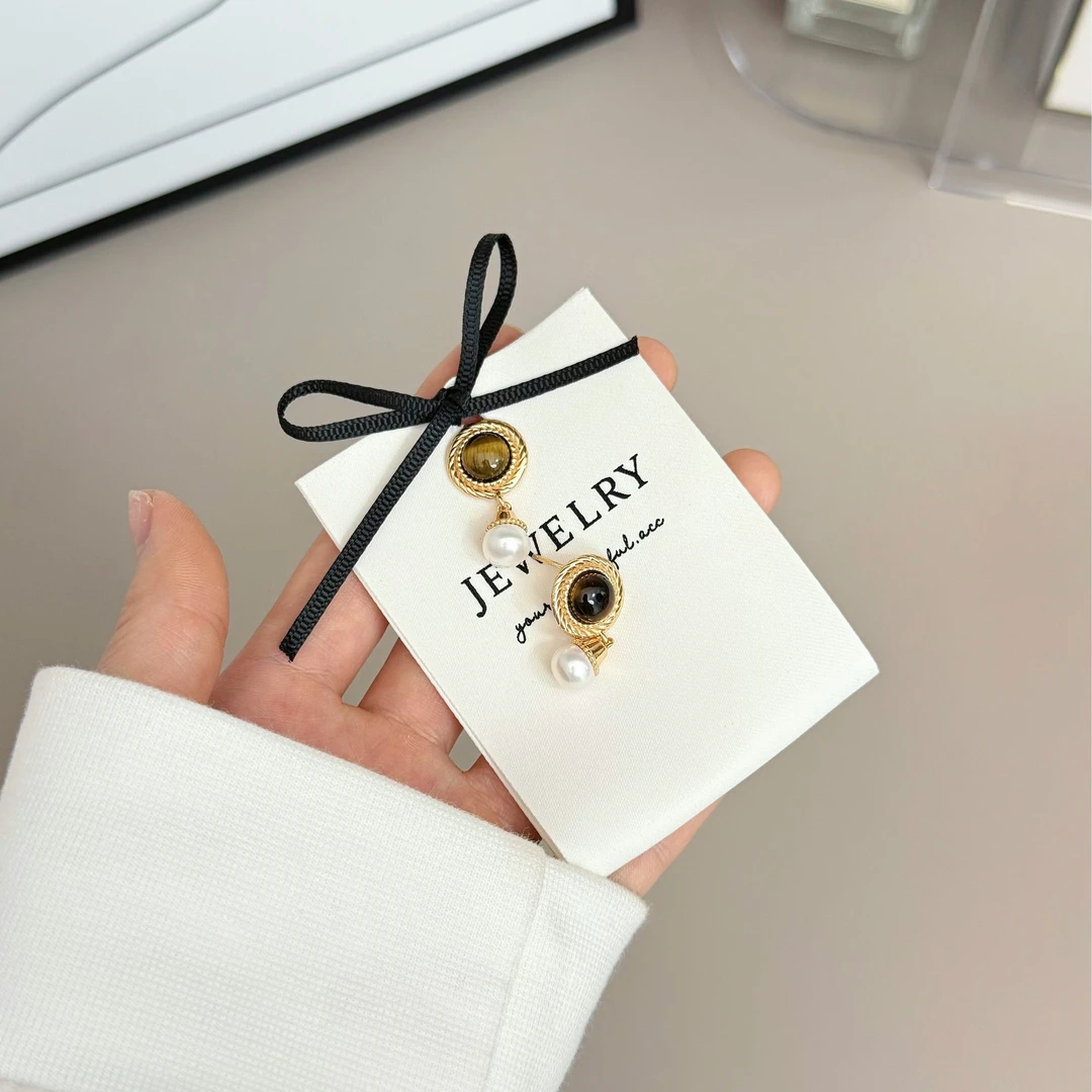 925银莫桑石耳饰 复古金色虎眼石珍珠耳环古风百搭时尚气质简约