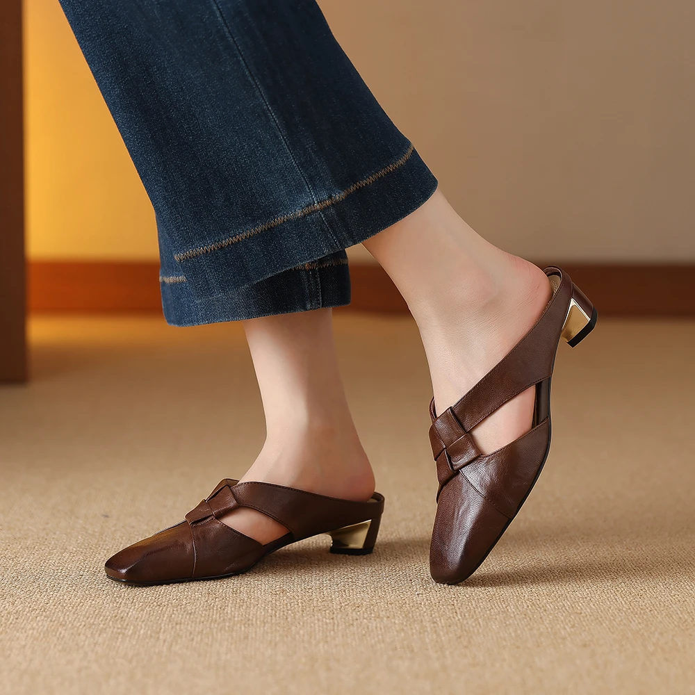 1962-5包头拖鞋女外穿真皮半拖夏季新款镂空小方头凉拖时尚中跟鞋