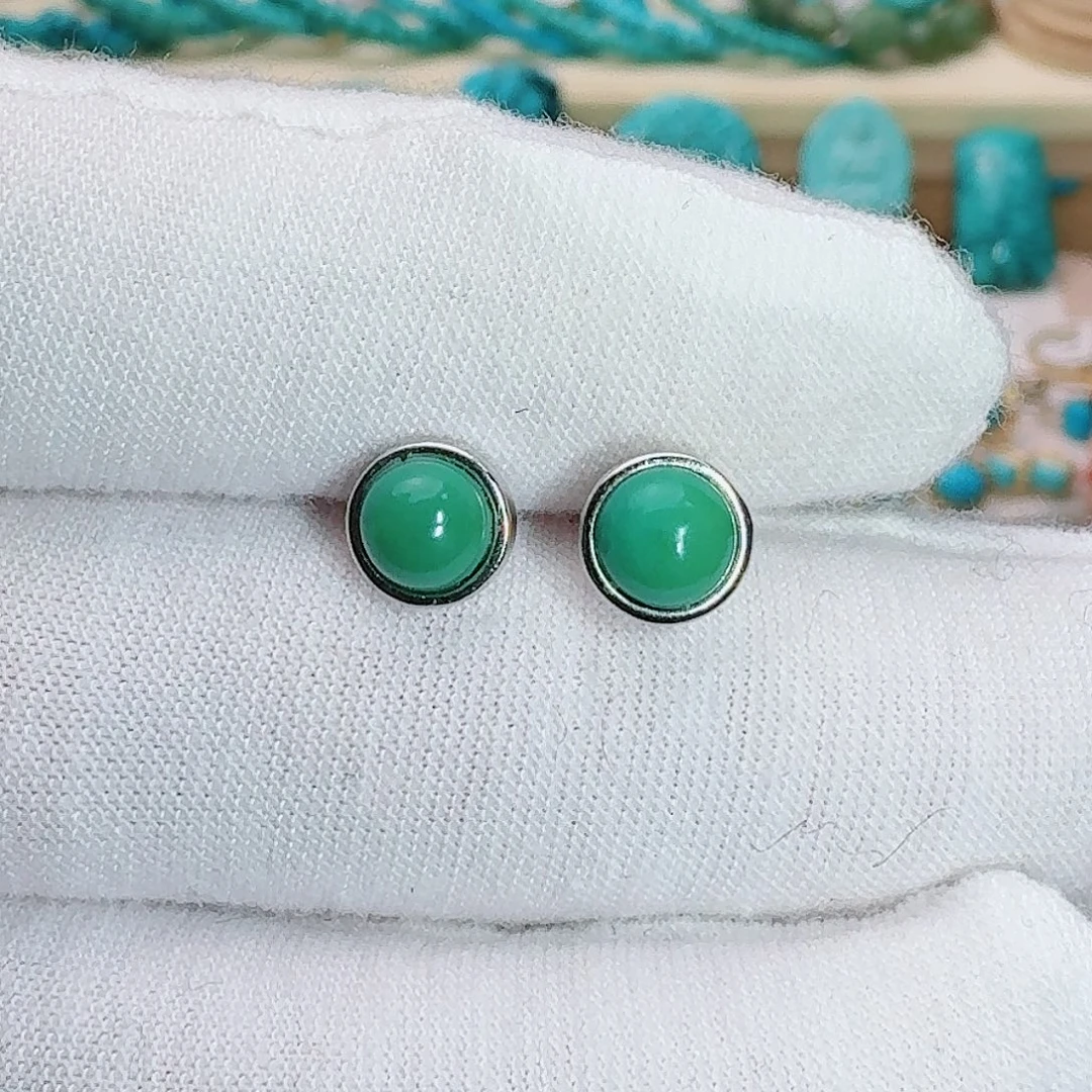 绿松石银S925镶嵌珠宝奇石简约耳钉