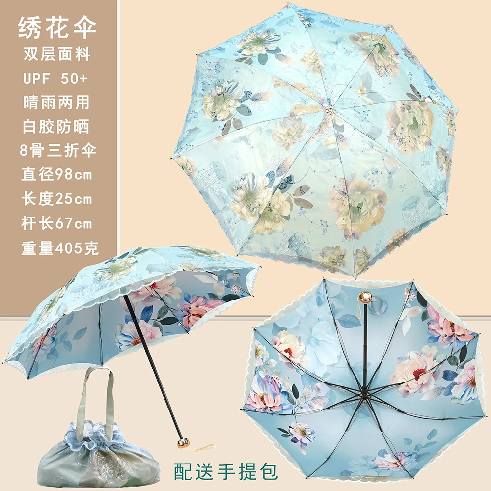 双面双层蕾丝绣花网纱防晒防紫外线数码印花遮阳伞晴雨伞2025新品