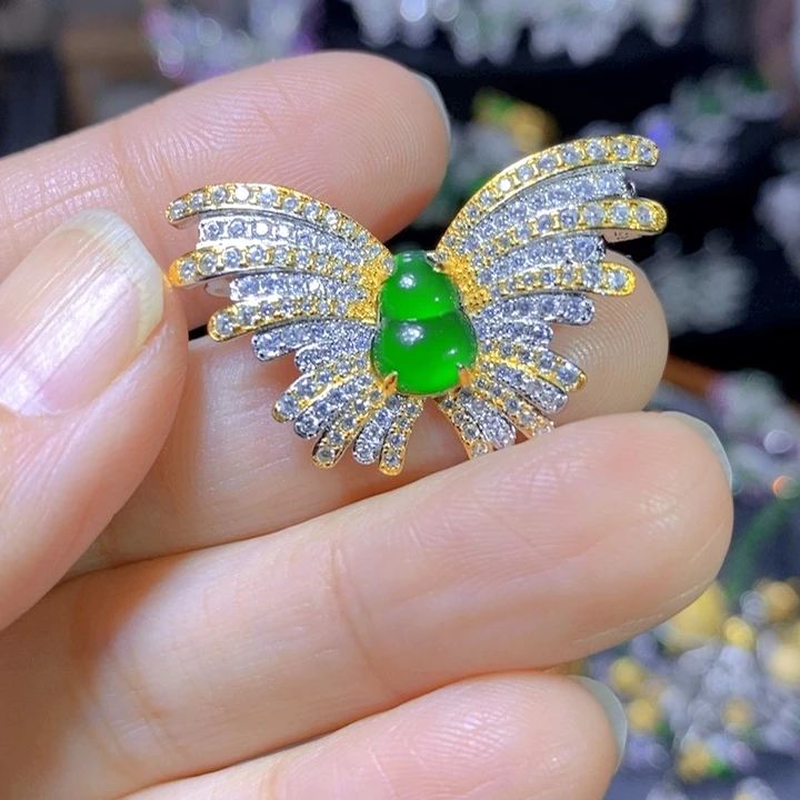 翡翠戒指银S925镶嵌天然翡翠