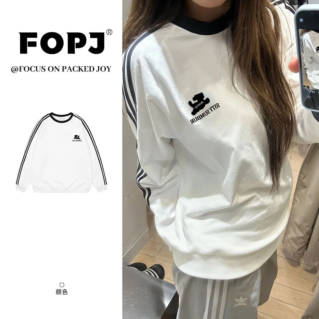 FOPJ美式复古学院风三条杠圆领卫衣女设计感休闲运动百搭套头上衣