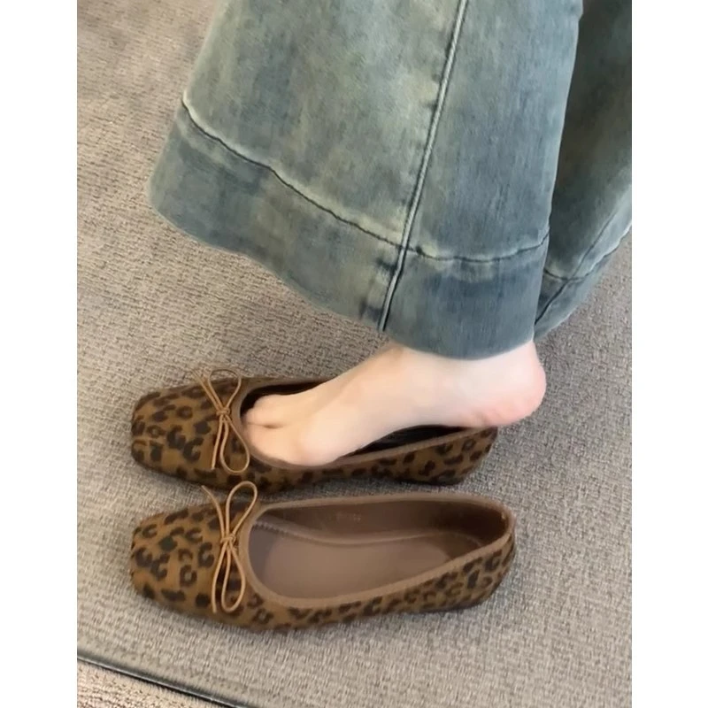 牛皮版~法式复古蝴蝶结豹纹浅口气质芭蕾单鞋女真皮不累脚单鞋