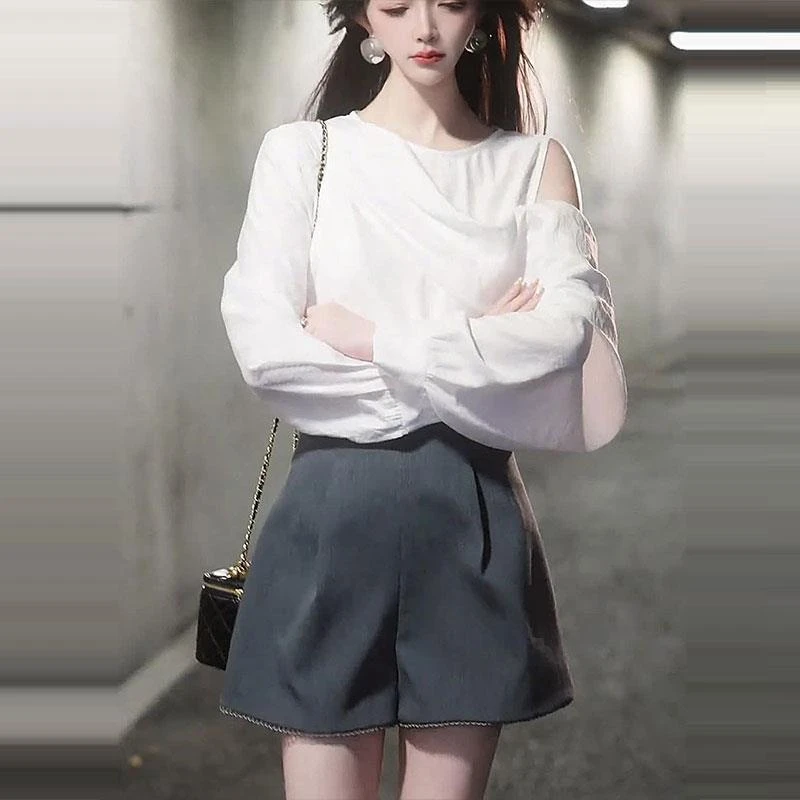 【难忘白月光】高智感不对称露肩设计感衬衫女秋季法式气质休闲上衣
