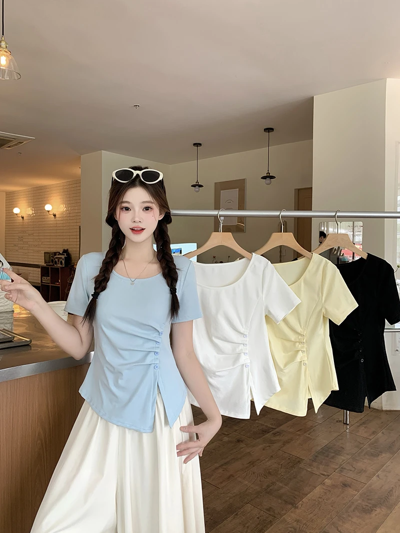 夏装新款胖mm大码女甜辣妹v领t恤不规则收腰轻薄短袖体恤A1444