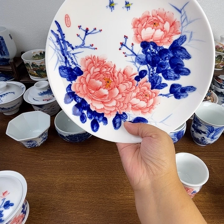 忠意堂釉下彩红牡丹壶承
