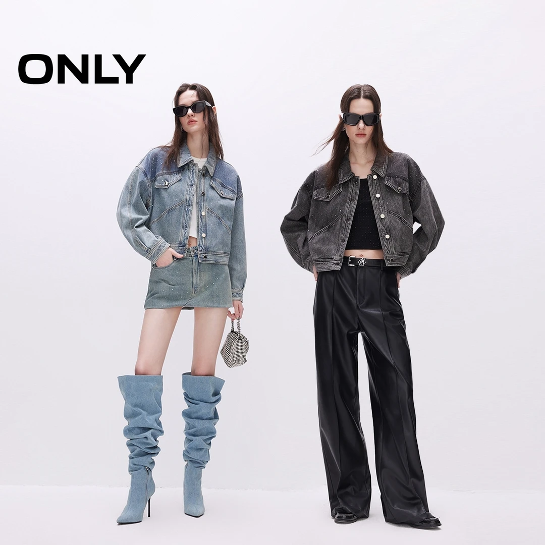 ONLY2025秋季新款复古水洗水钻OVERSIZE翻领牛仔外套女|125154005