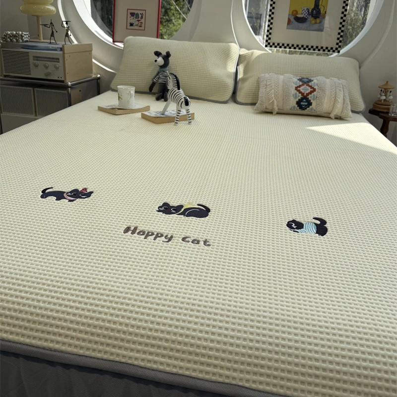 易安阁华夫格床笠夏凉席奶油白调皮猫咪空调席三件套1.5m1.8米