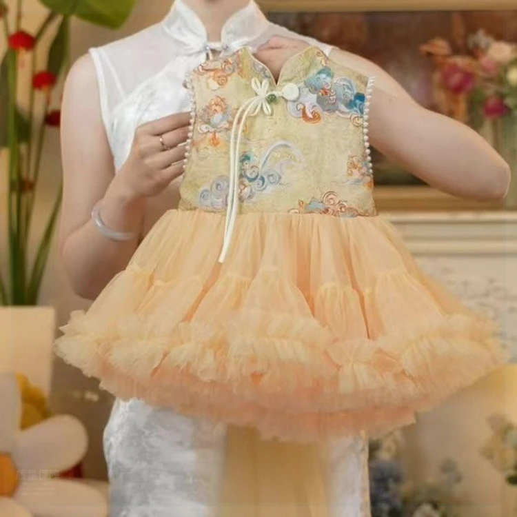 2025新款夏季女童刺绣马甲裙浅黄色公主风连衣裙百搭礼服