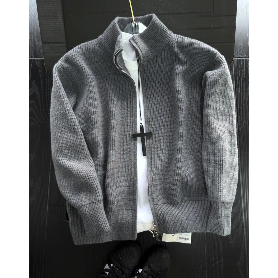 纯灰色双拉链立领毛衣男款秋季高级感开衫针织衫cleanfit情侣外套
