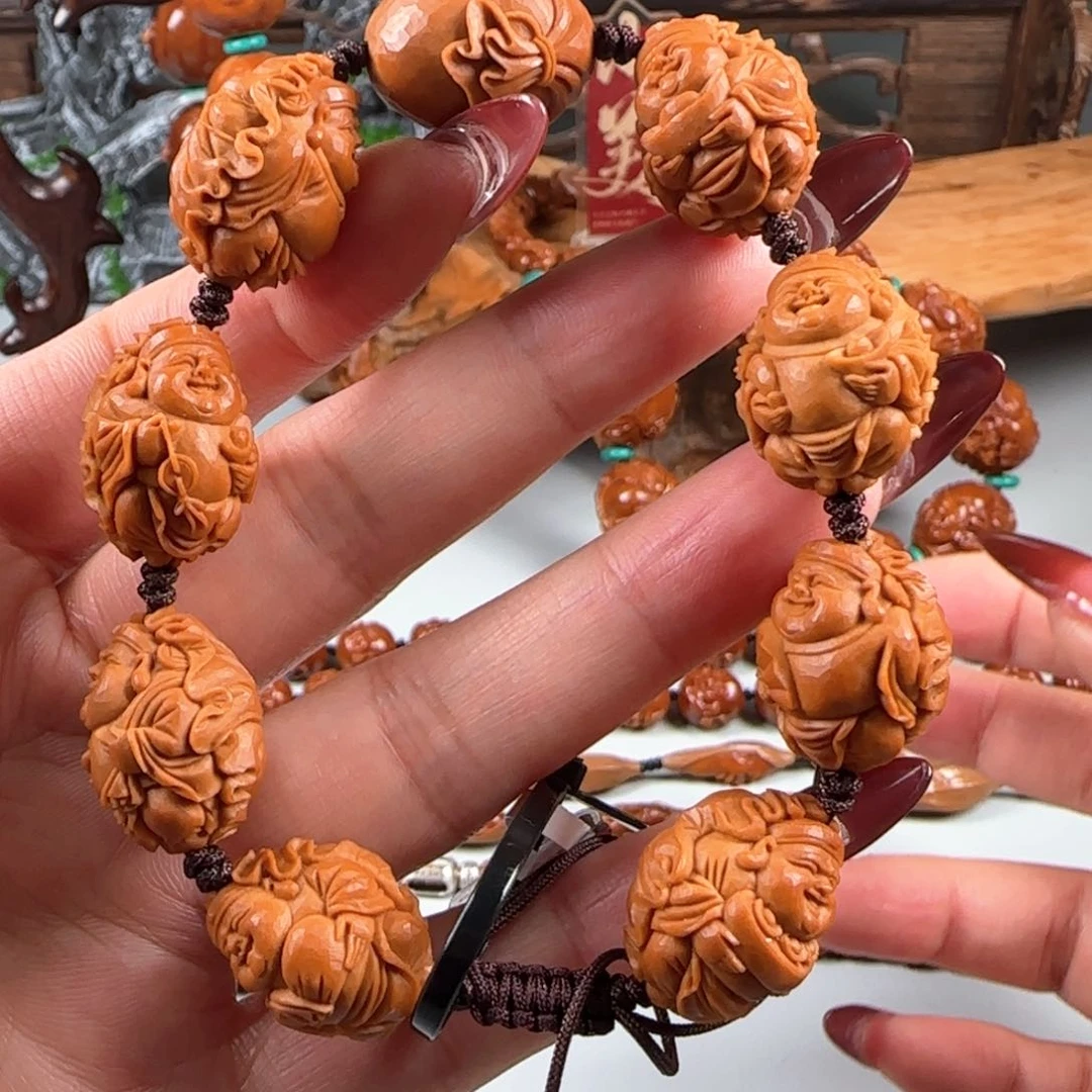 橄榄核手串/手链宽1.4小籽梅林红核留刀痕荷叶财神