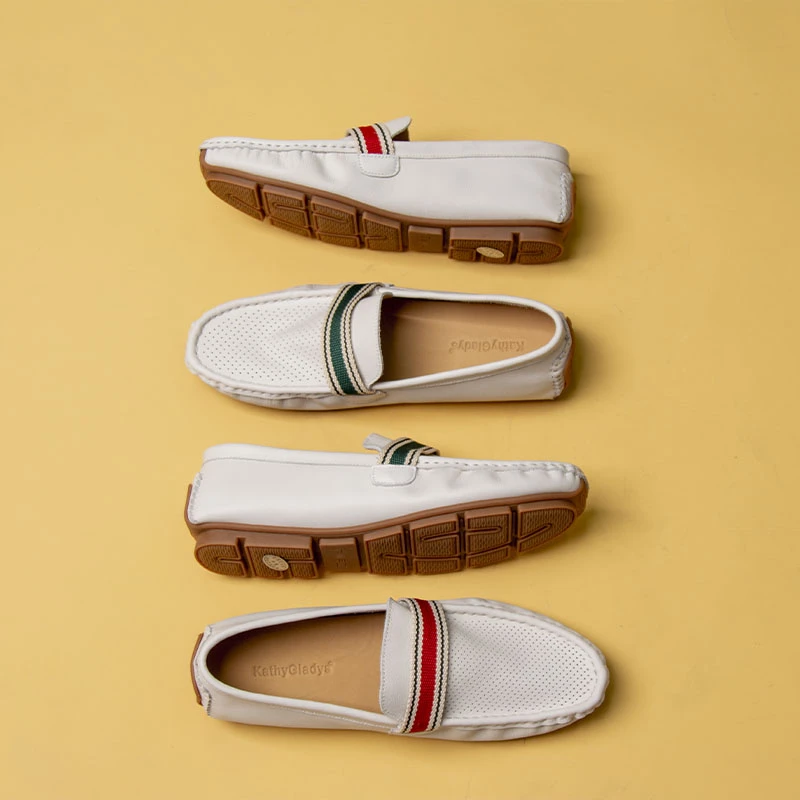 休闲防滑圆头缝制鞋豆豆鞋乐福鞋白色时尚透气镂空夏季真皮男鞋