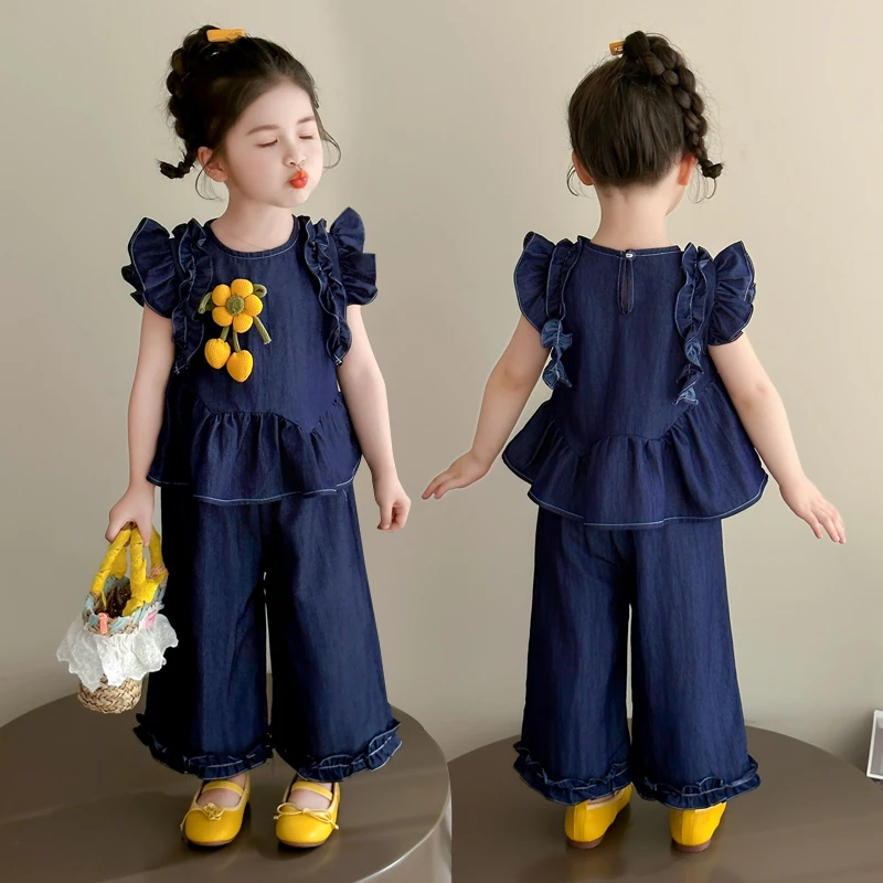 女童薄款牛仔套装洋气儿童飞袖阔腿裤两件套女孩宝宝夏装2025新款