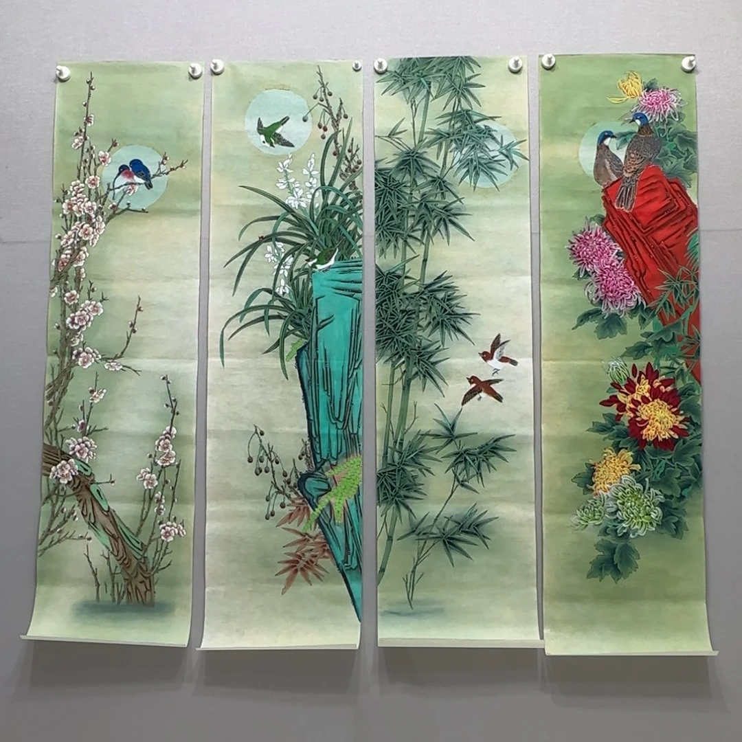 国画工笔四尺对开梅兰竹菊四条屏一套贾敏