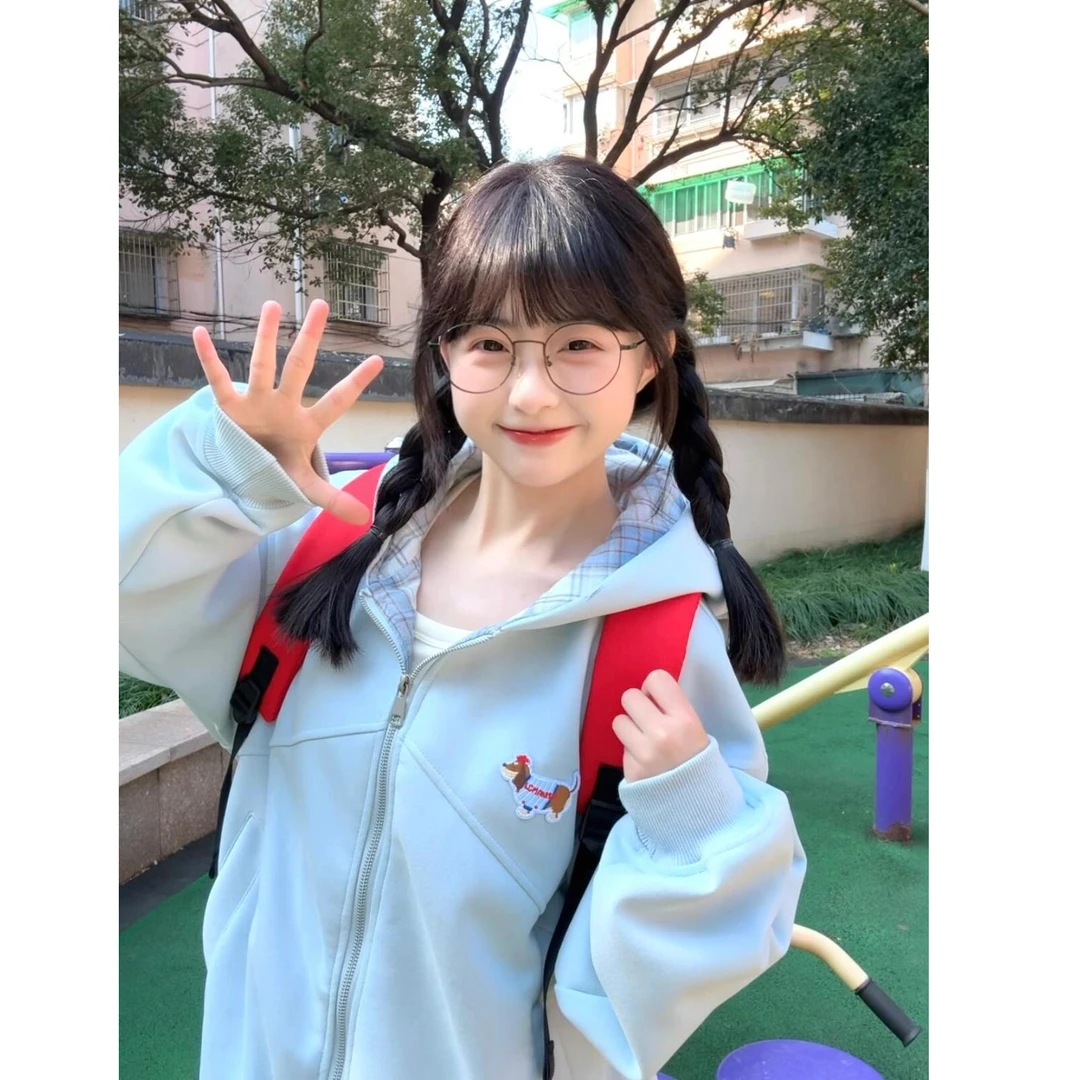 HandSeven秋冬宽松情侣款学生刺绣格子拼接开衫休闲百搭卫衣外套