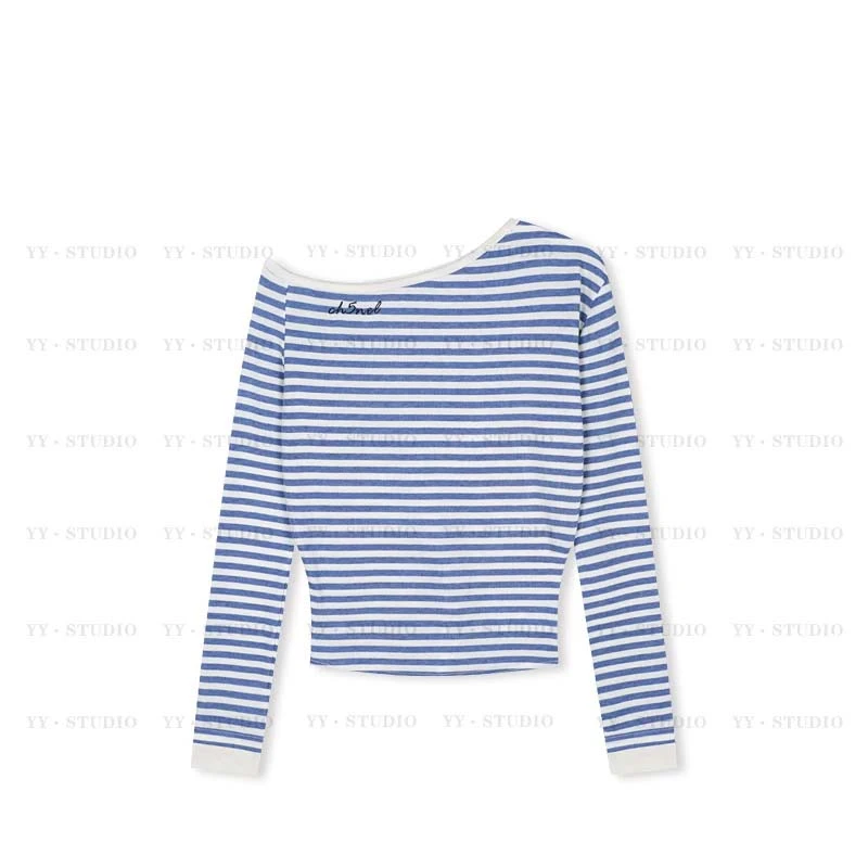 斜肩字母条纹长袖t恤女春收腰打底衫2025新款长袖蓝色上衣高级感