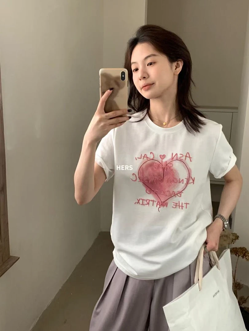 hers@20437 韩系简约小众ins爱心字母刺绣短袖T恤 6-14