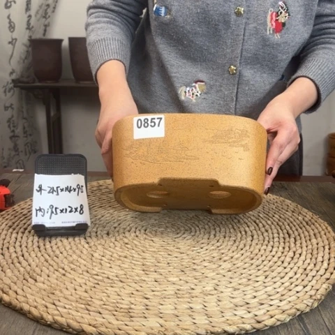 紫砂花盆柴烧腰圆山水刻绘0857