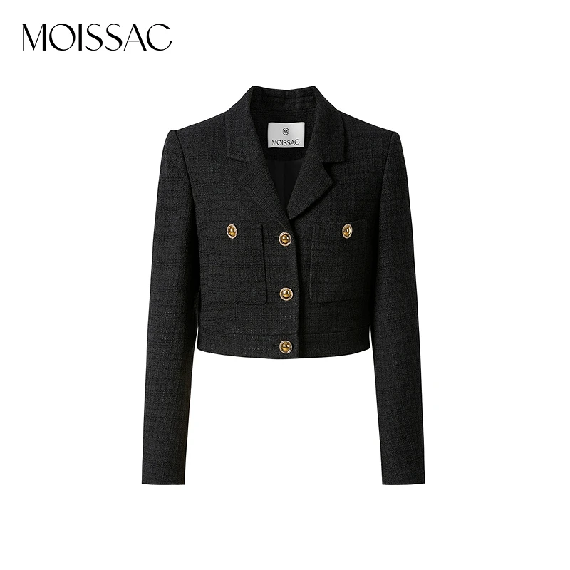 MOISSAC/摩萨克 秋法式经典小香风截短款黑色粗花呢外套MWDQ40518