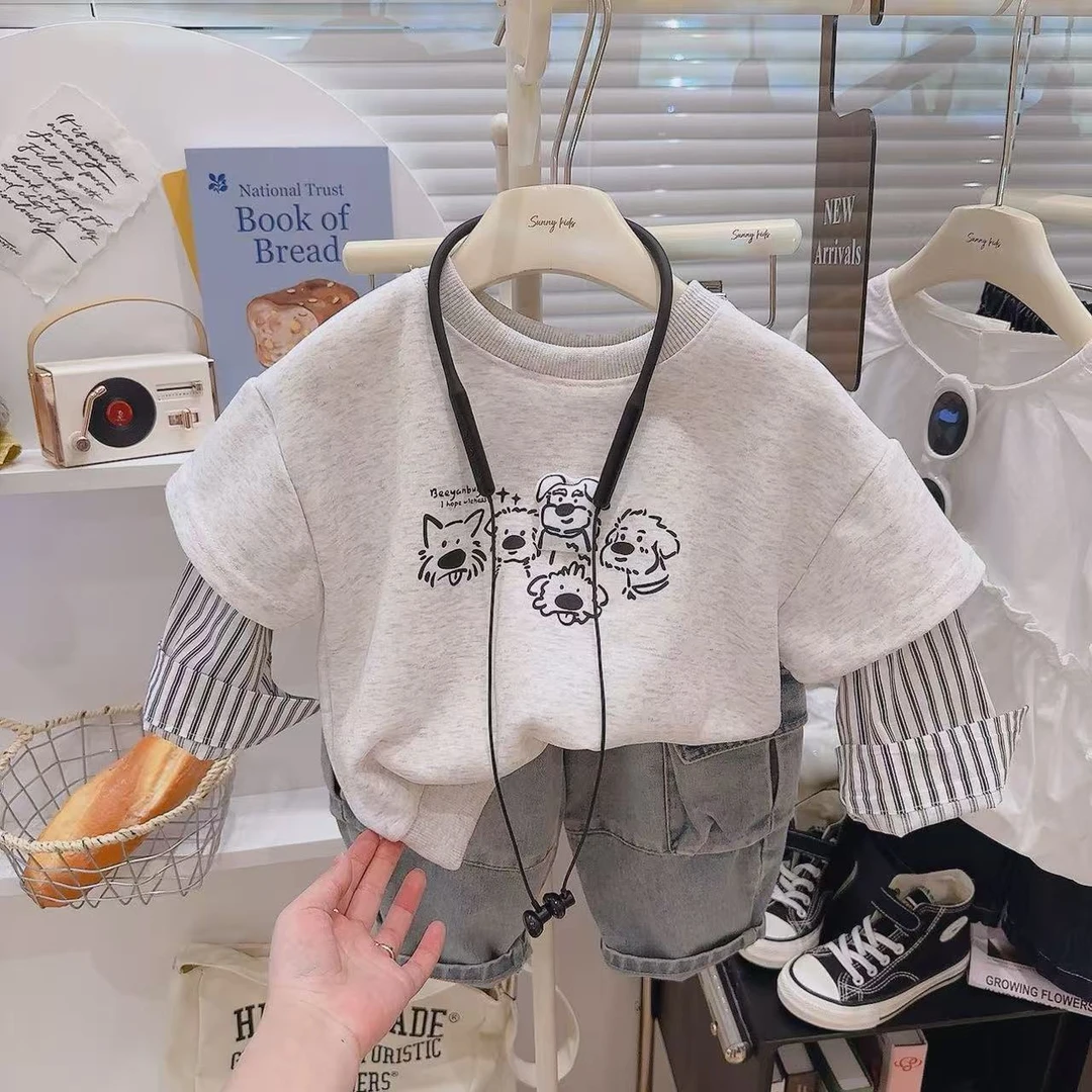 2025新款简韩百搭卡通涂鸦拼接条纹假两件卫衣打底衫