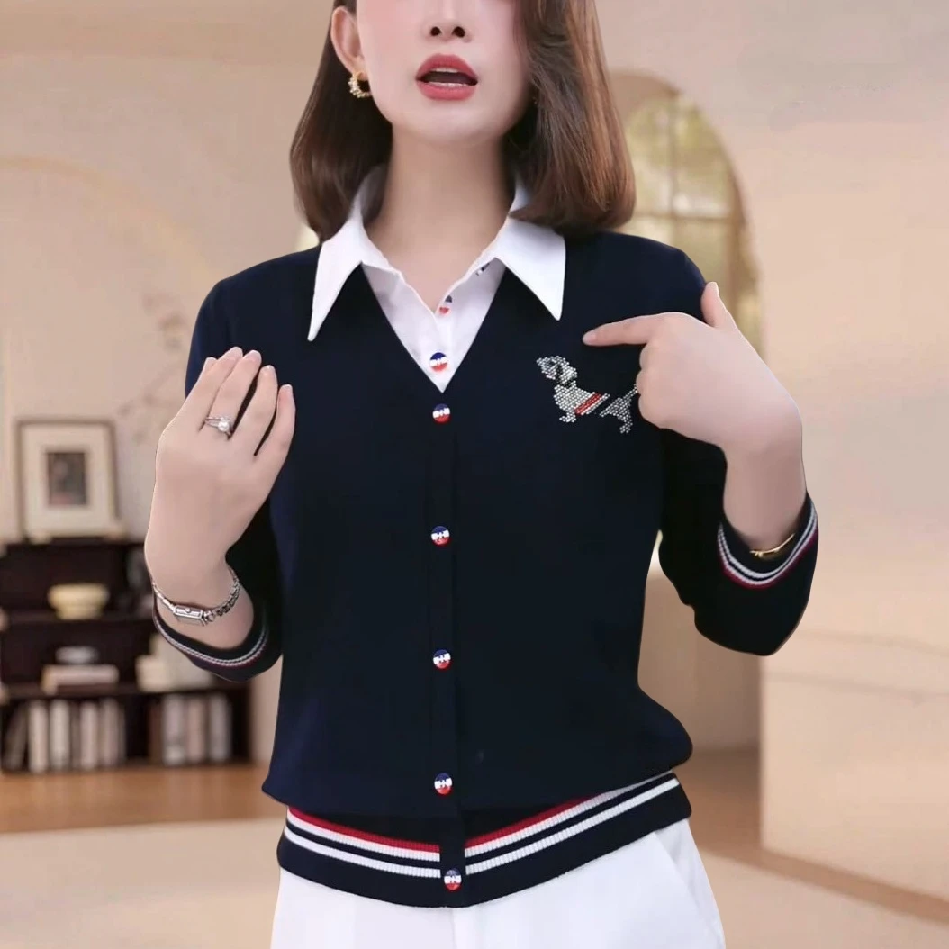 POLO领撞色条纹假两件长袖针织开衫女早秋款时尚休闲短款百搭上衣