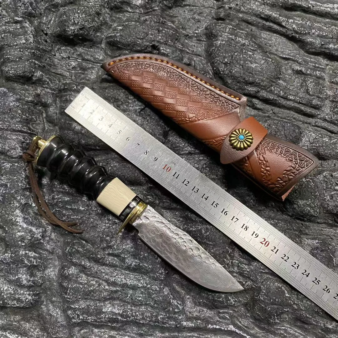 大马士革牛角水果刀户外家用锋利刀具多功能便携牛排刀收藏把玩儿